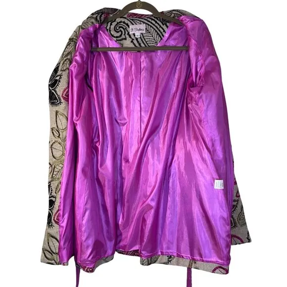 Bohemian Floral Embroidered Linen Blend Belted Coat Pink Satin Lined 3 Sisters L