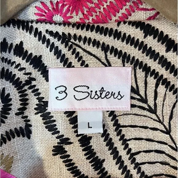 Bohemian Floral Embroidered Linen Blend Belted Coat Pink Satin Lined 3 Sisters L