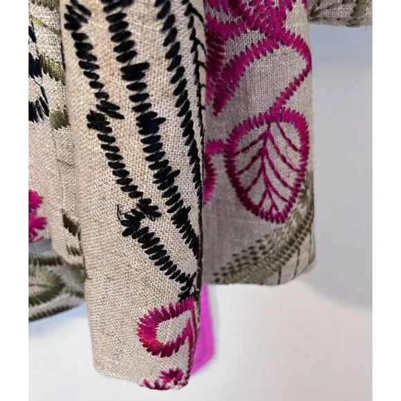 Bohemian Floral Embroidered Linen Blend Belted Coat Pink Satin Lined 3 Sisters L
