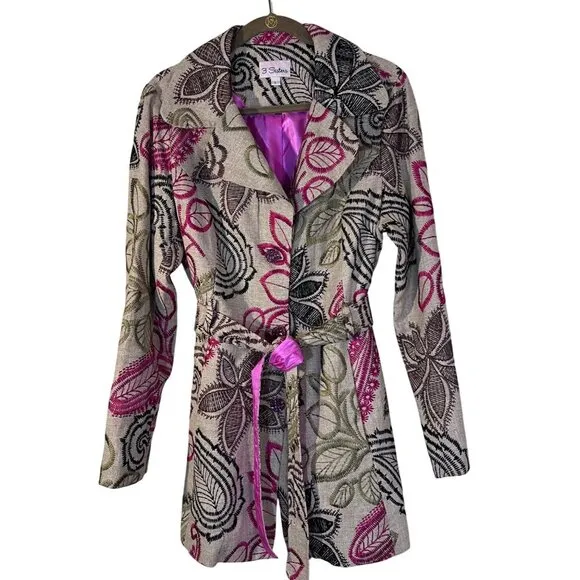 Bohemian Floral Embroidered Linen Blend Belted Coat Pink Satin Lined 3 Sisters L