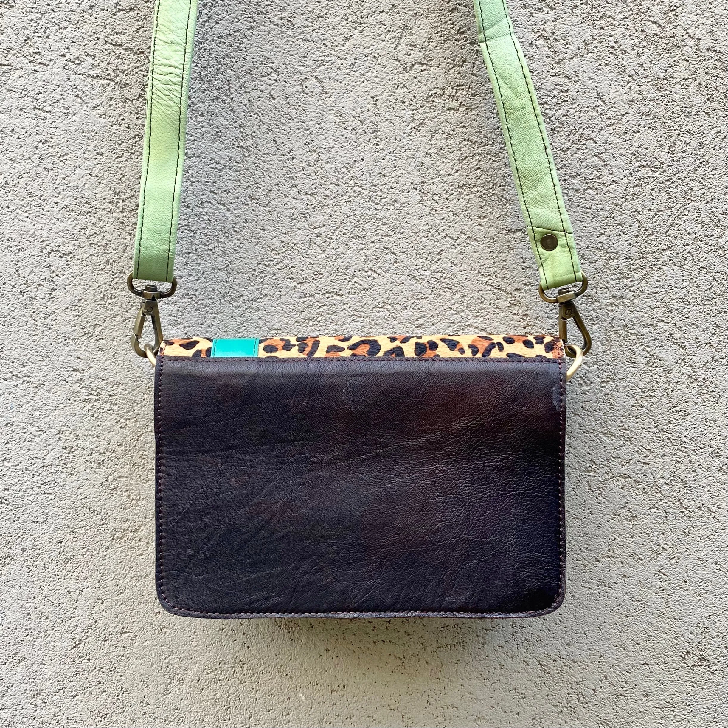 Brandi Cowhide and Leather Crossbody Clutch Bag - Leopard, Mint, Chocolate