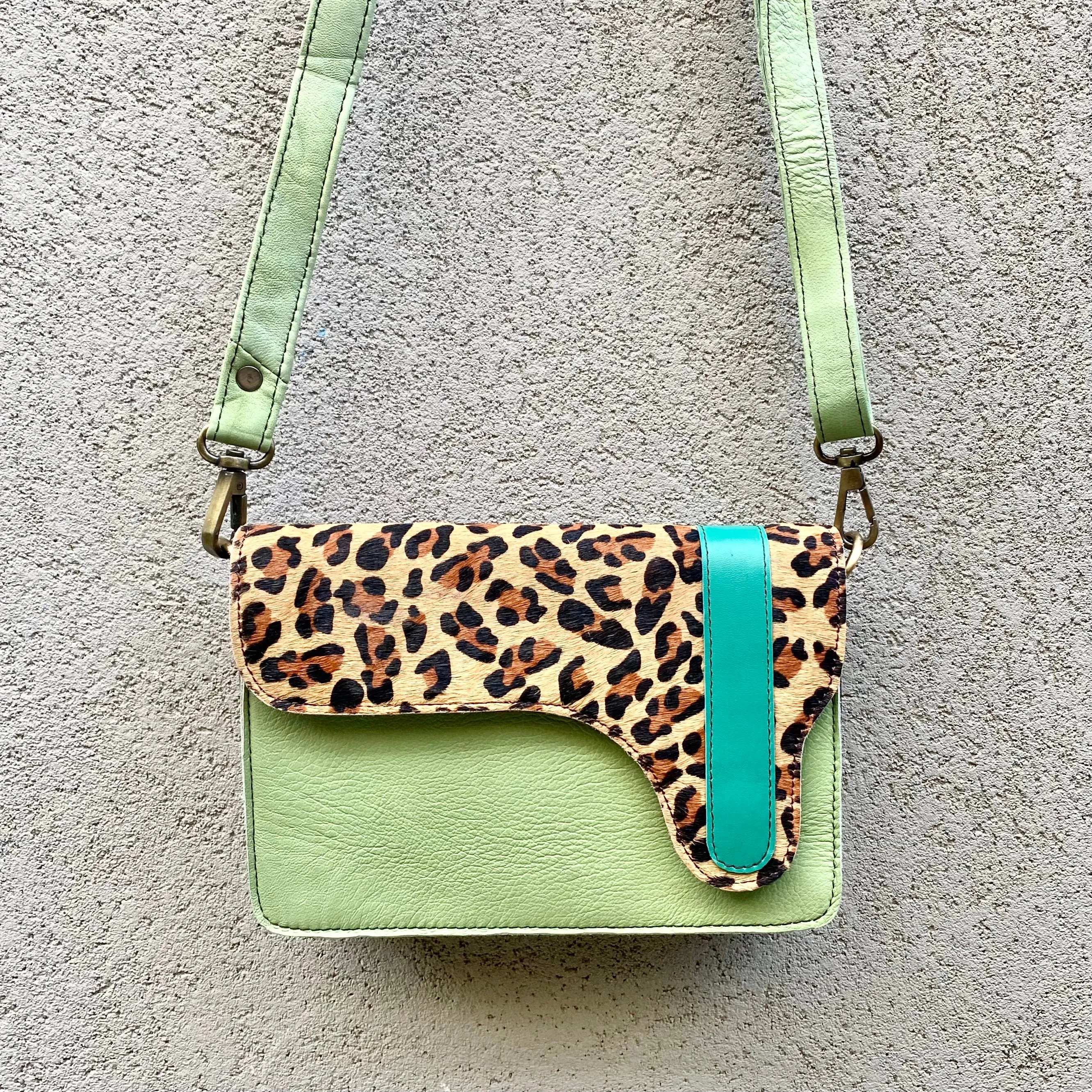 Brandi Cowhide and Leather Crossbody Clutch Bag - Leopard, Mint, Chocolate