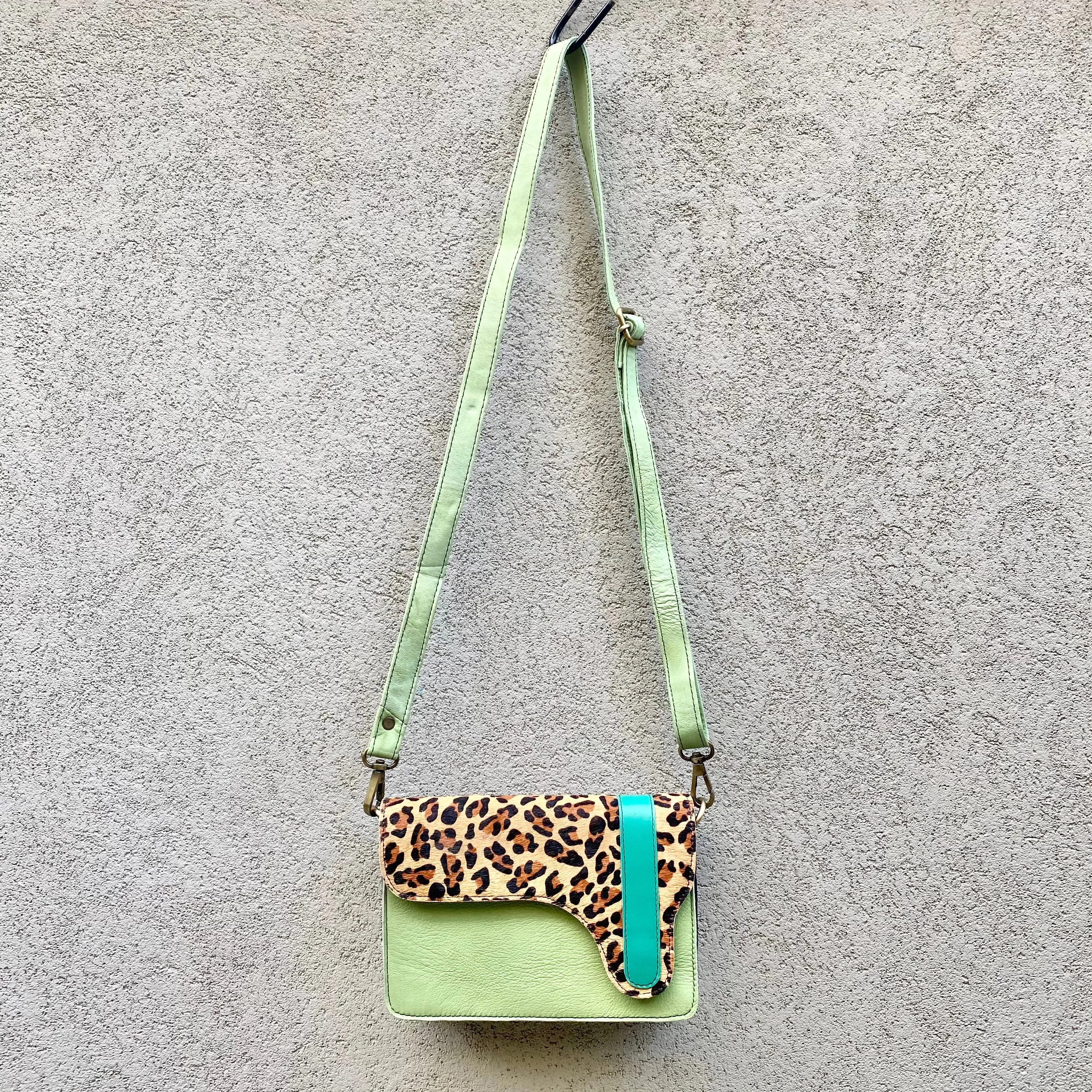 Brandi Cowhide and Leather Crossbody Clutch Bag - Leopard, Mint, Chocolate