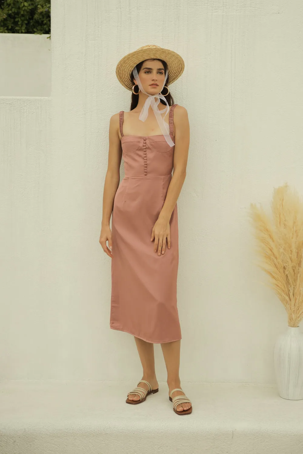 BRIGITTE  Gathered Strap Midi dress with Covered Button Detail (Old Rose Silk)