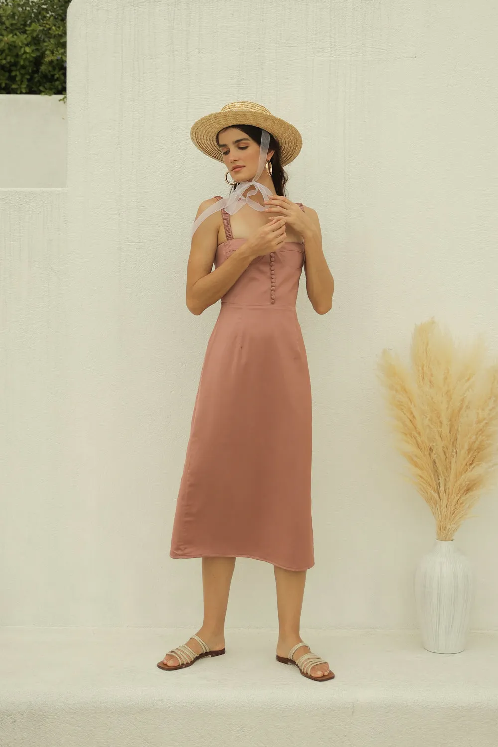BRIGITTE  Gathered Strap Midi dress with Covered Button Detail (Old Rose Silk)