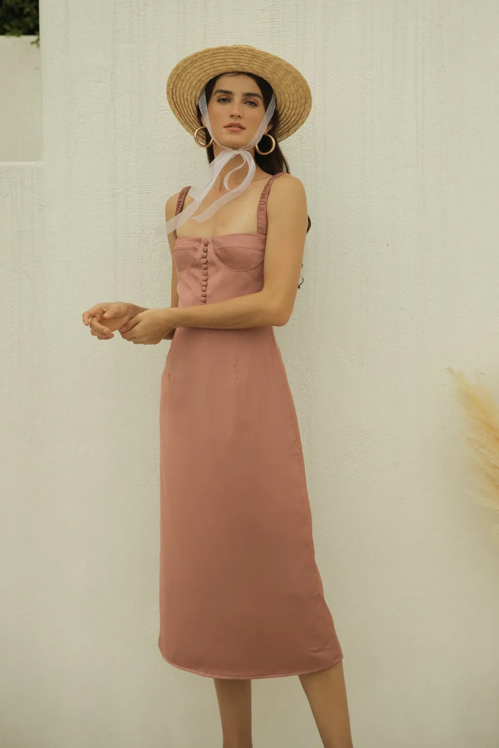 BRIGITTE  Gathered Strap Midi dress with Covered Button Detail (Old Rose Silk)