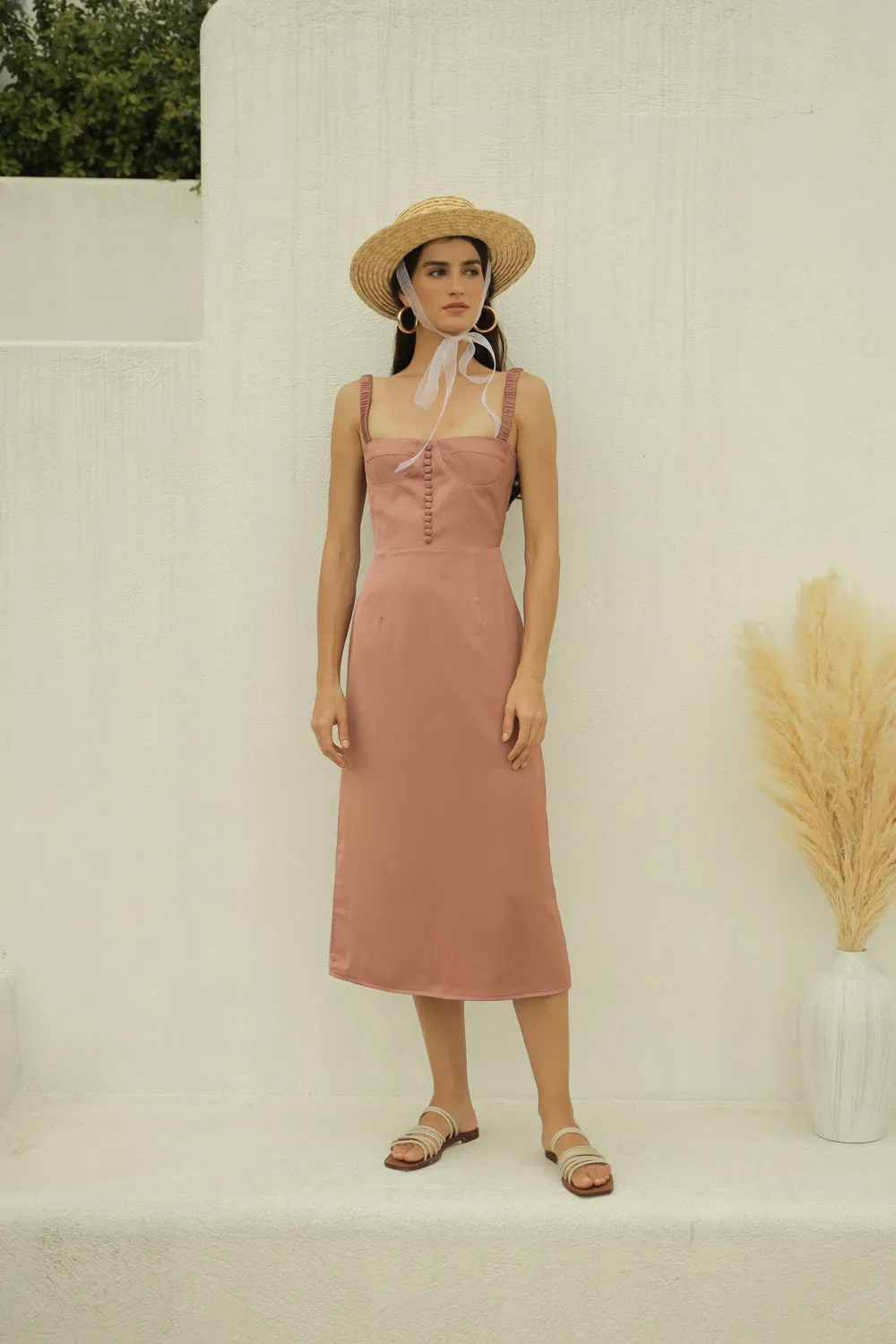 BRIGITTE  Gathered Strap Midi dress with Covered Button Detail (Old Rose Silk)