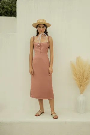 BRIGITTE  Gathered Strap Midi dress with Covered Button Detail (Old Rose Silk)