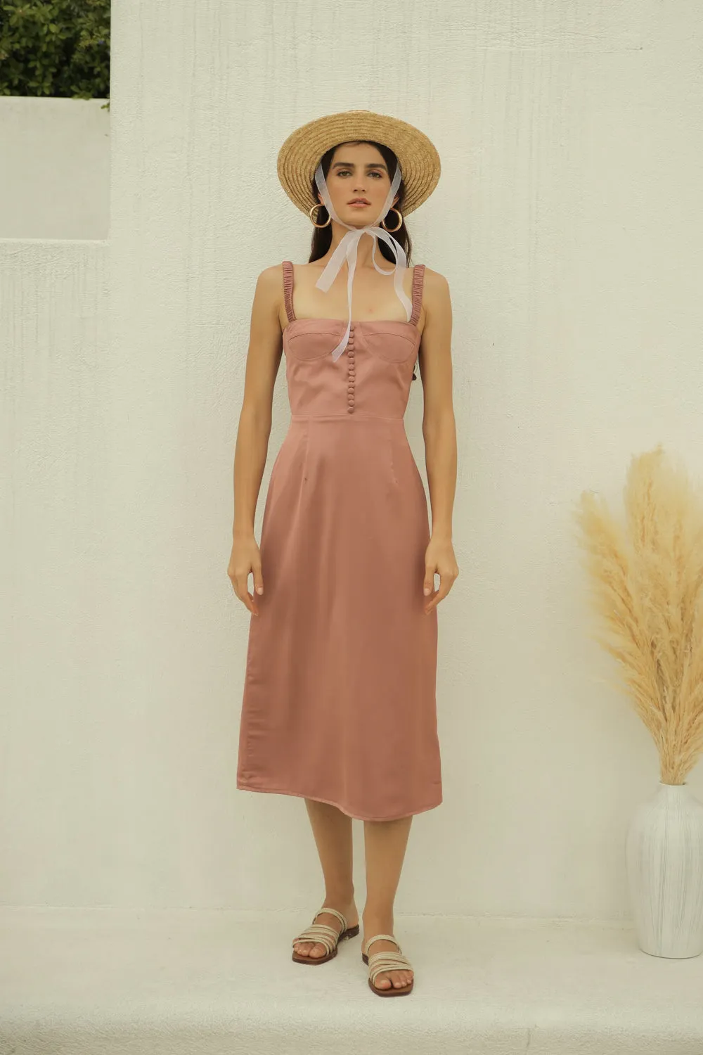 BRIGITTE  Gathered Strap Midi dress with Covered Button Detail (Old Rose Silk)