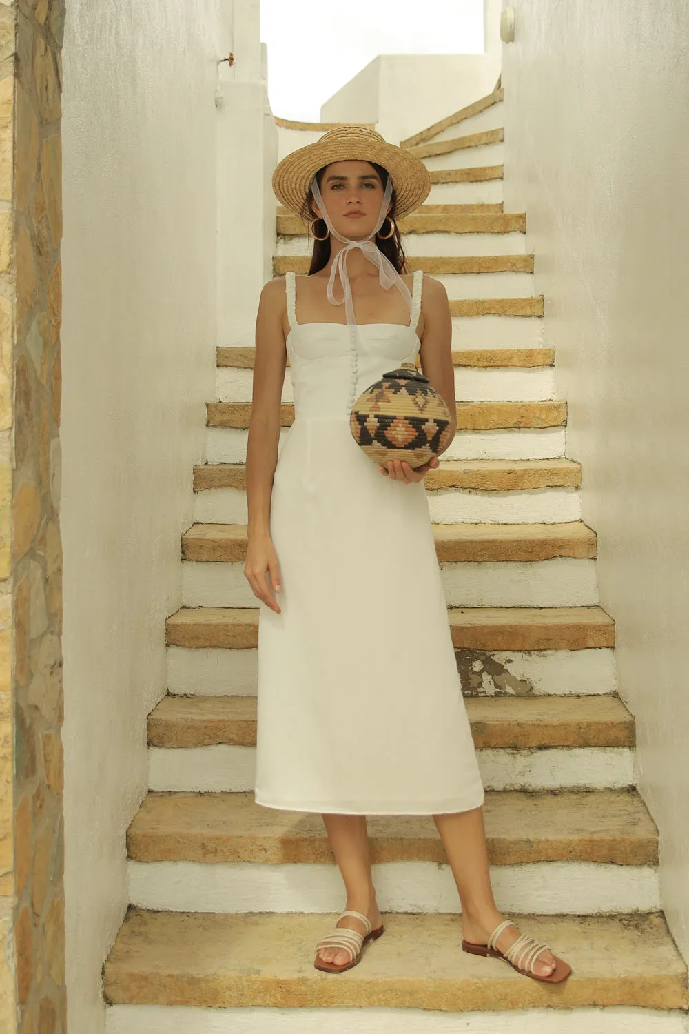BRIGITTE  Gathered Strap Midi dress with Covered Button Detail (White Silk)