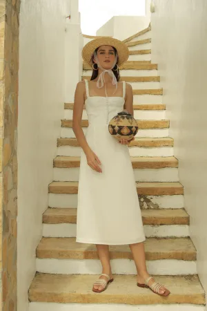 BRIGITTE  Gathered Strap Midi dress with Covered Button Detail (White Silk)