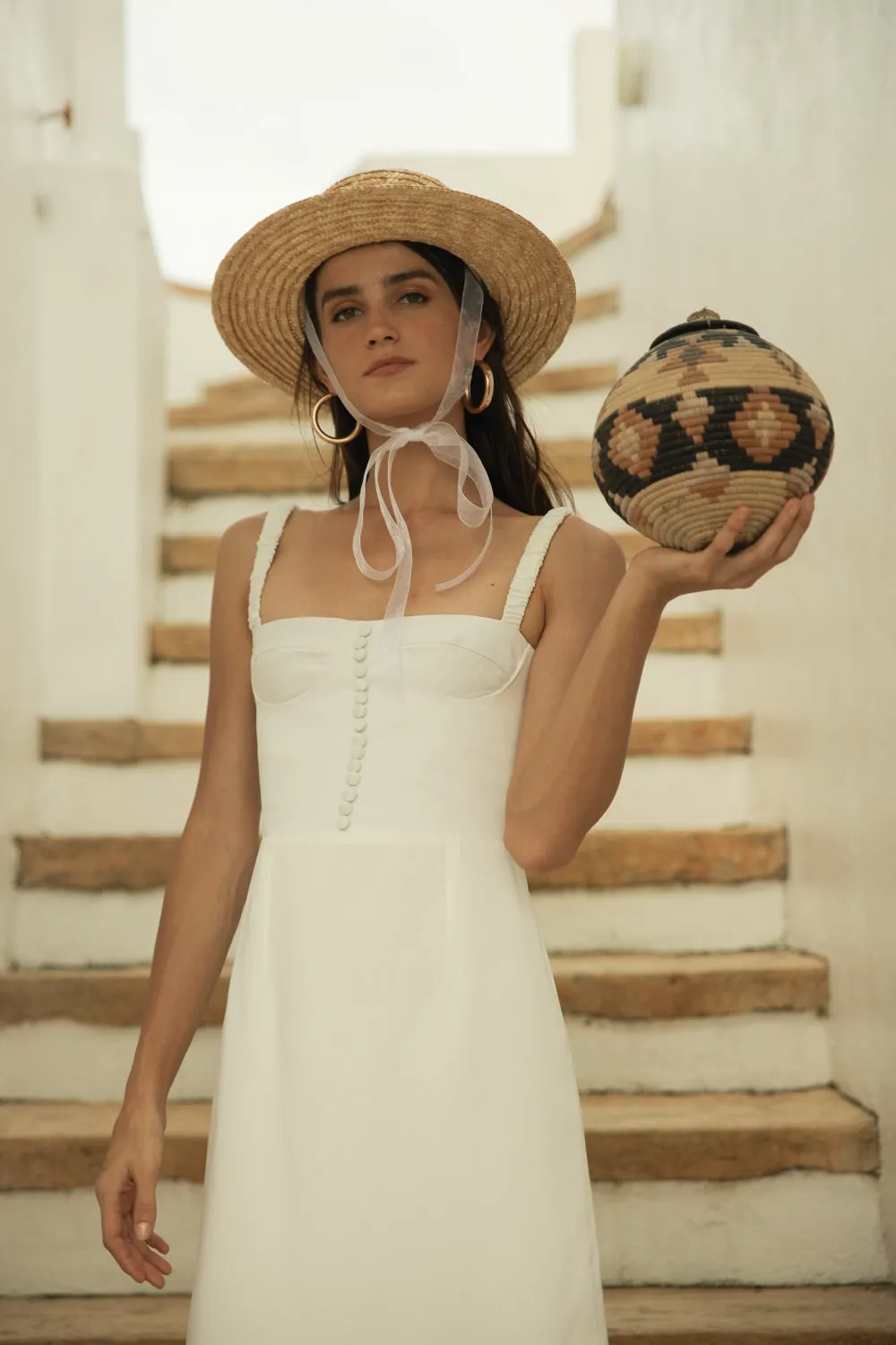 BRIGITTE  Gathered Strap Midi dress with Covered Button Detail (White Silk)