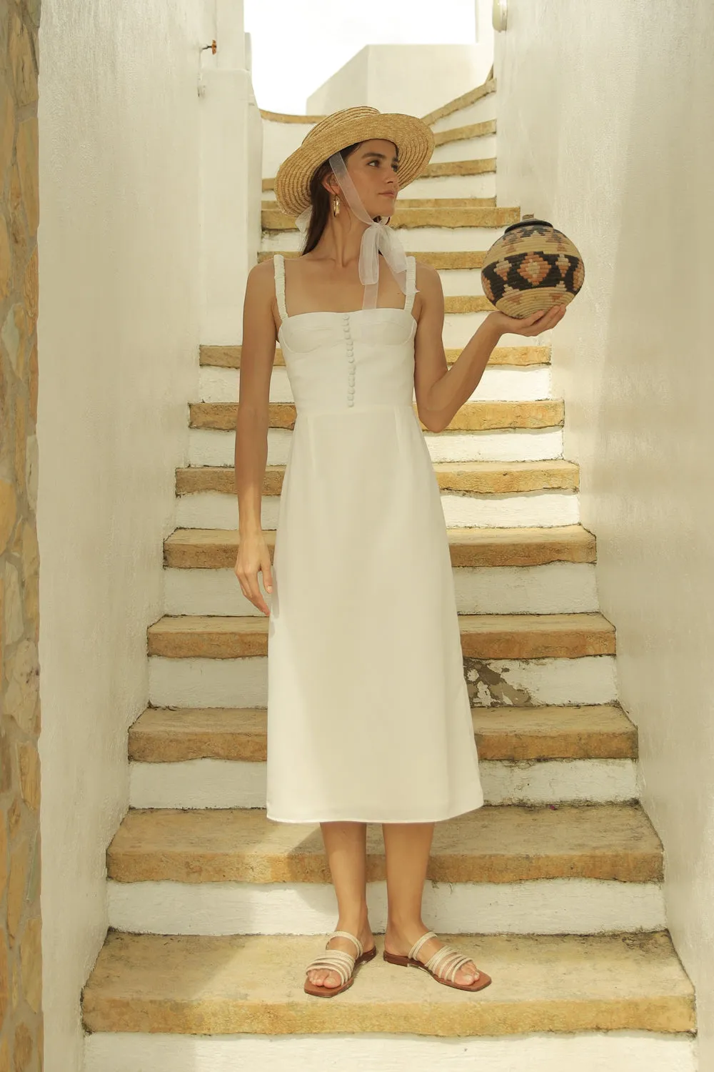 BRIGITTE  Gathered Strap Midi dress with Covered Button Detail (White Silk)