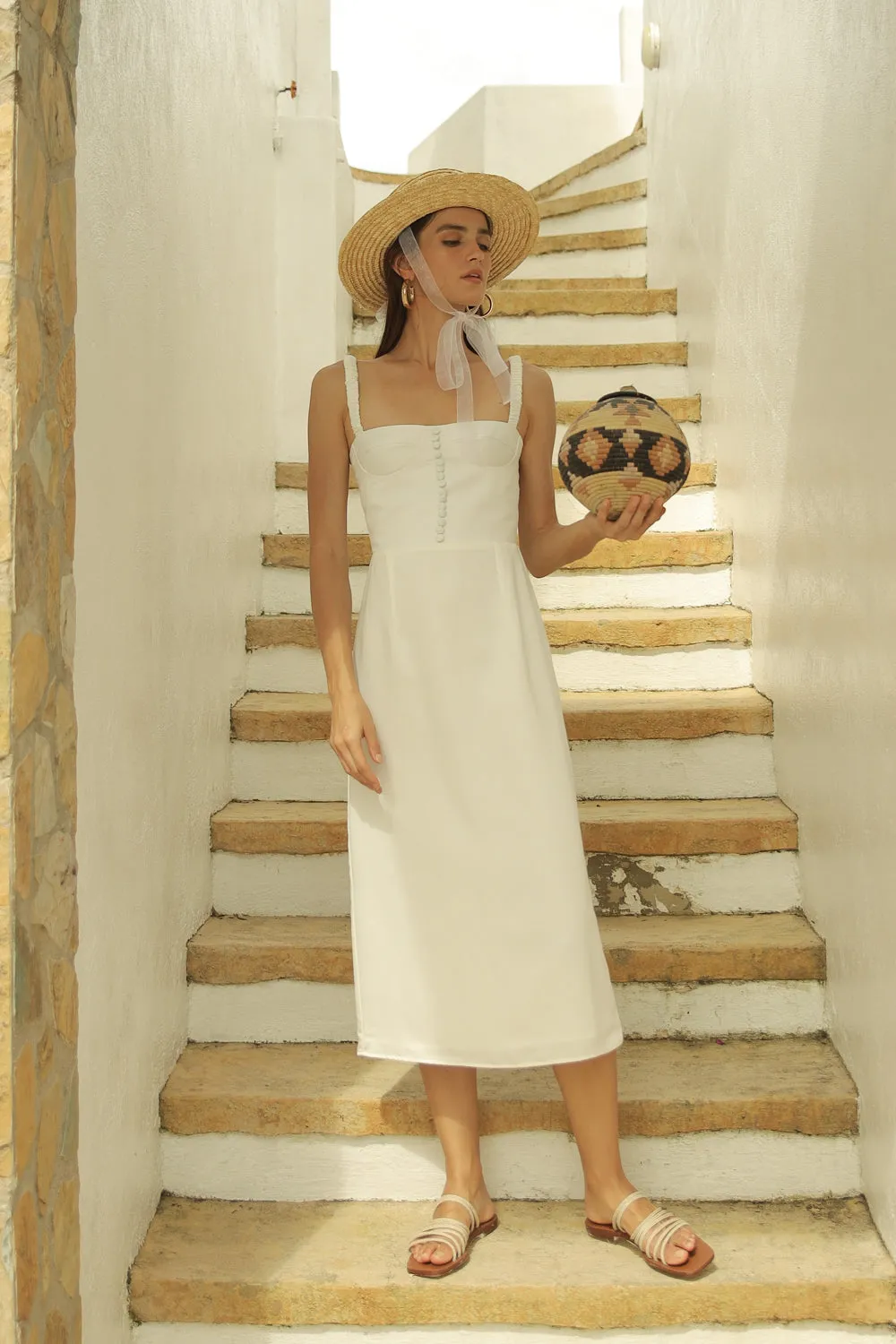 BRIGITTE  Gathered Strap Midi dress with Covered Button Detail (White Silk)