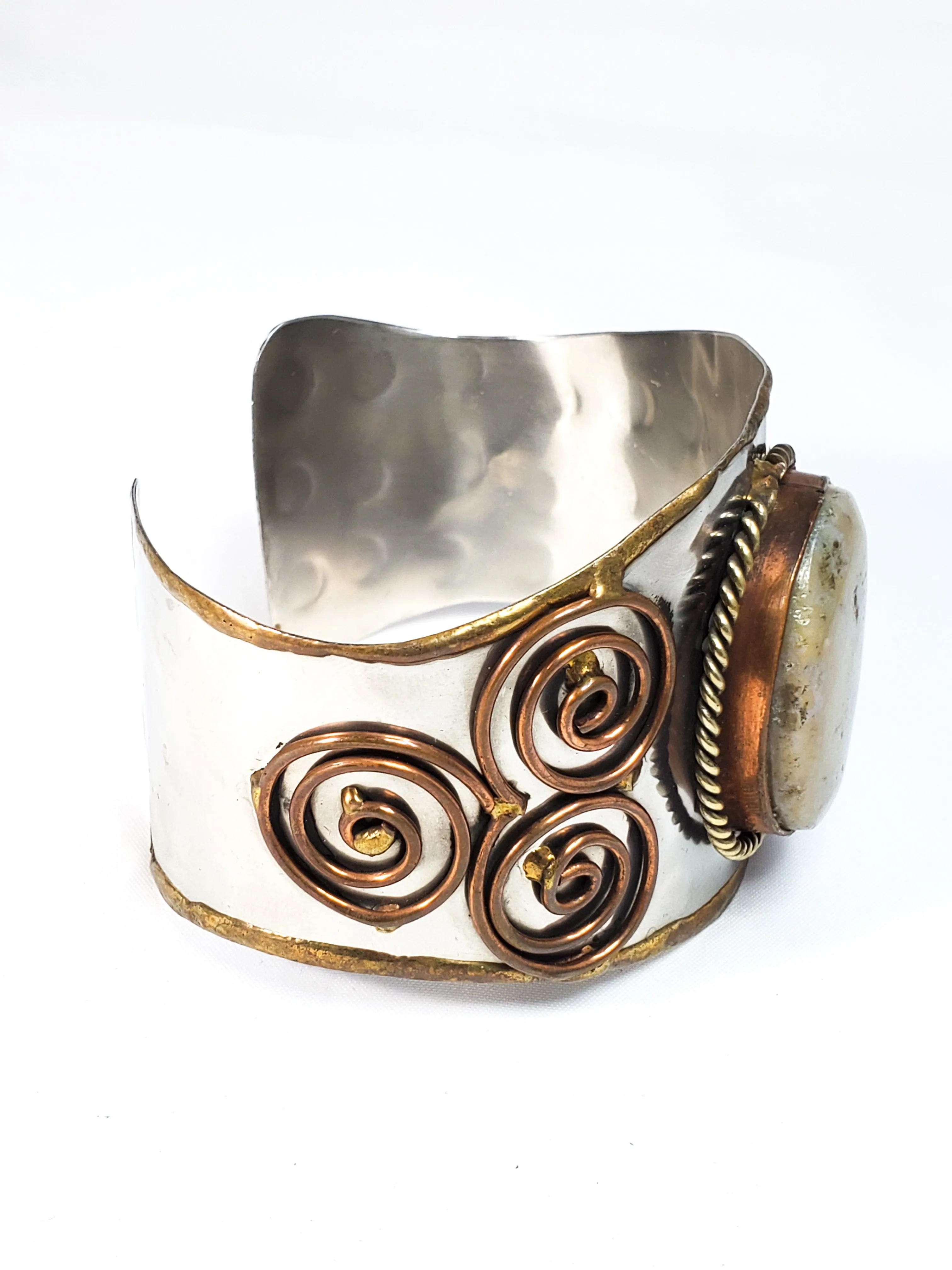 Brutalist handmade Tri metal silver brass copper Jasper cuff bracelet