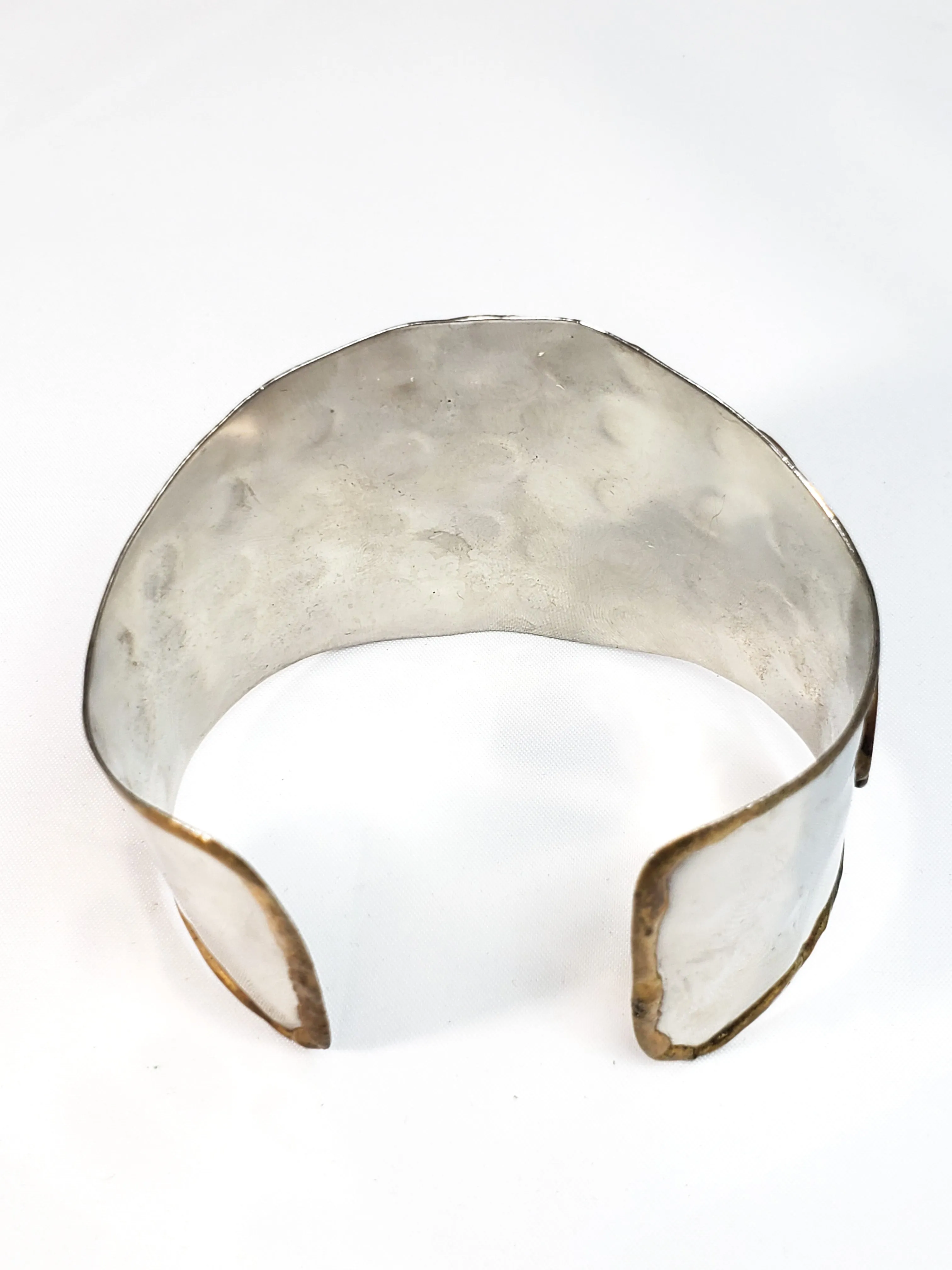 Brutalist handmade Tri metal silver brass copper Jasper cuff bracelet