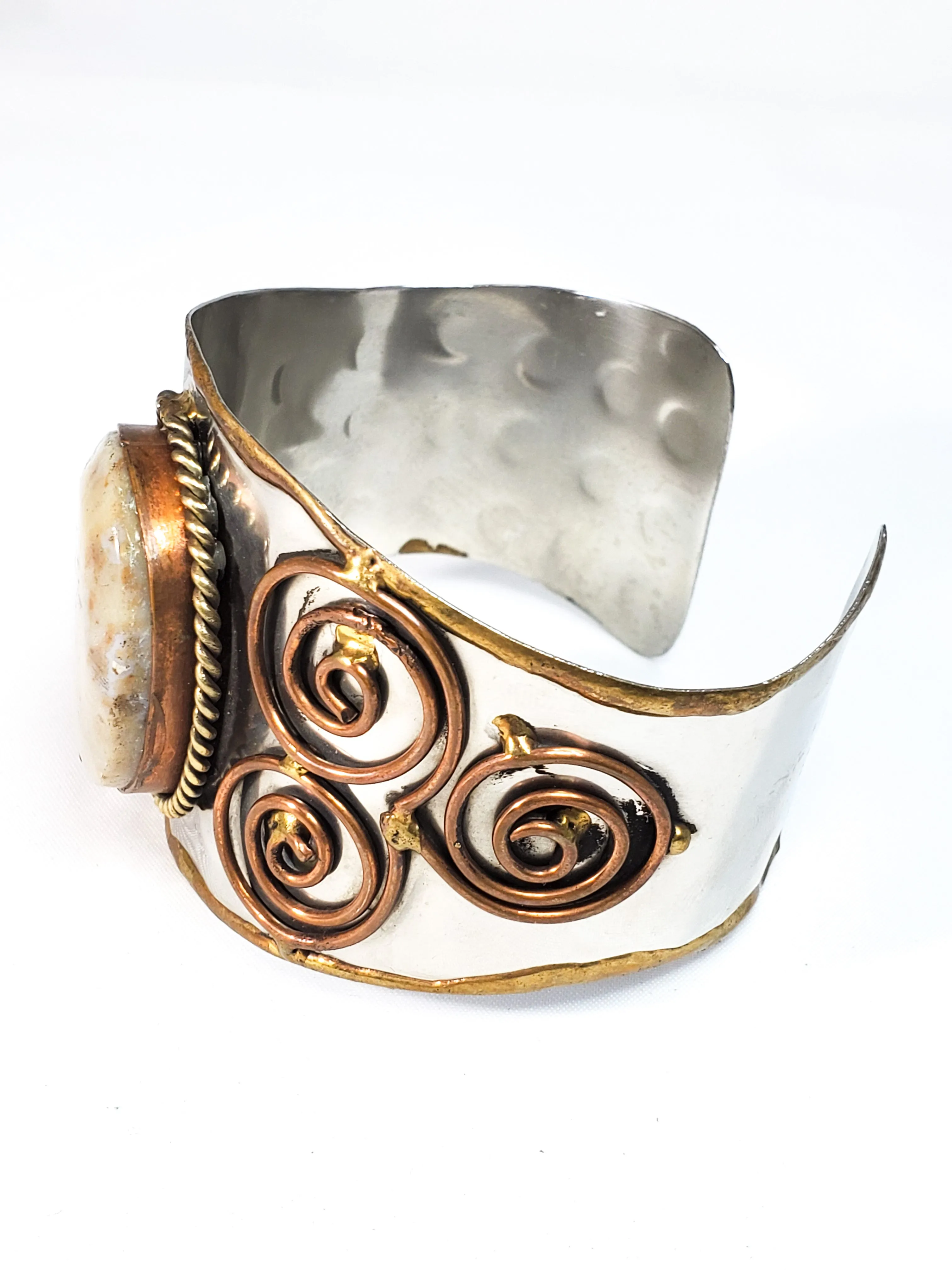 Brutalist handmade Tri metal silver brass copper Jasper cuff bracelet