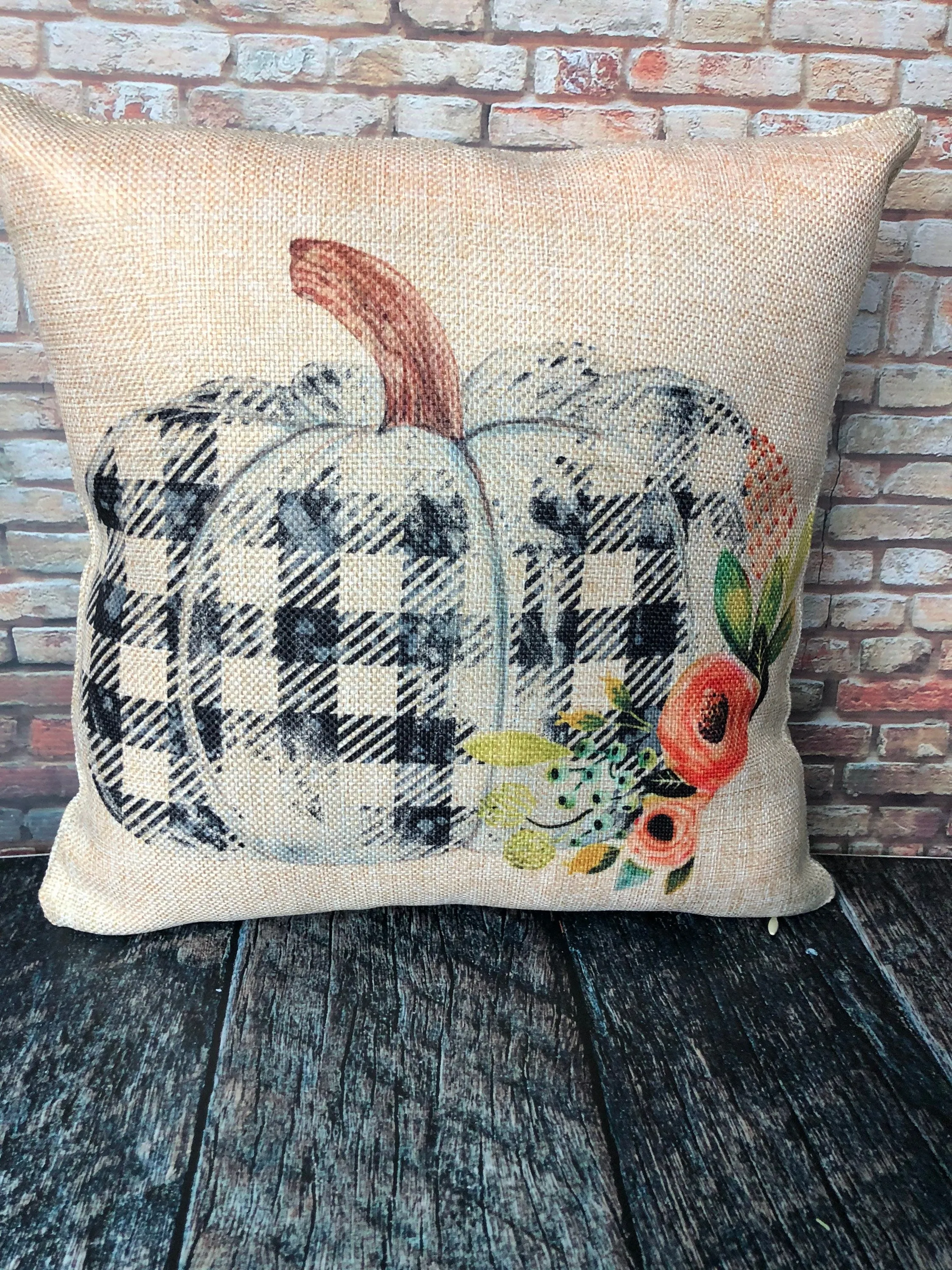 Buffalo Plaid Pumpkin Pillow, Fall Pillow Covers, Burlap Pillows, Fall Decor, White Pumpkin, Farmhouse Decor