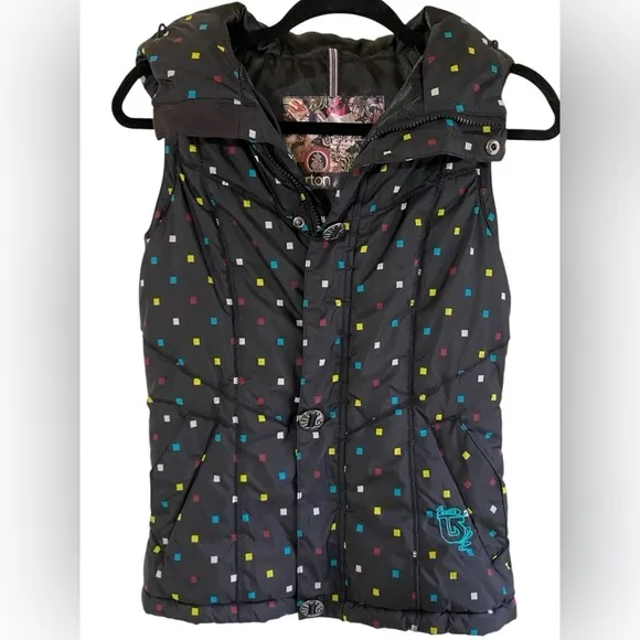 Burton-XS dry ride full zip hooded puffer vest. 2pockets Black/multi color. EUC!