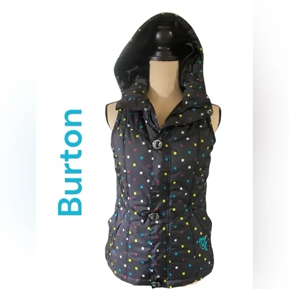 Burton-XS dry ride full zip hooded puffer vest. 2pockets Black/multi color. EUC!