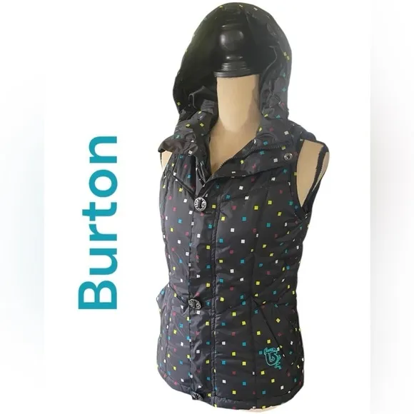 Burton-XS dry ride full zip hooded puffer vest. 2pockets Black/multi color. EUC!