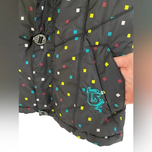Burton-XS dry ride full zip hooded puffer vest. 2pockets Black/multi color. EUC!