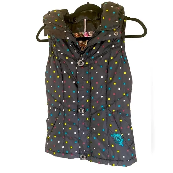 Burton-XS dry ride full zip hooded puffer vest. 2pockets Black/multi color. EUC!