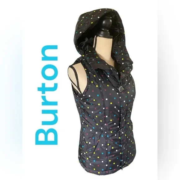 Burton-XS dry ride full zip hooded puffer vest. 2pockets Black/multi color. EUC!