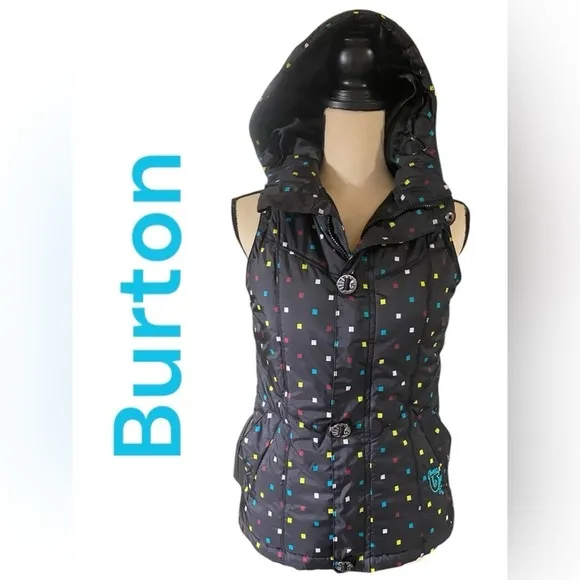 Burton-XS dry ride full zip hooded puffer vest. 2pockets Black/multi color. EUC!