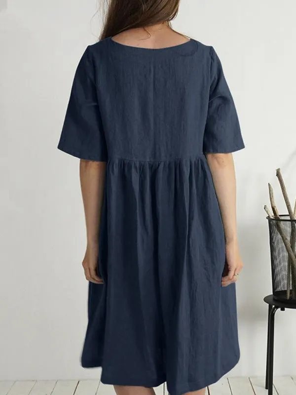 Button-Down Cotton Linen Dress with Pockets and Round Neck