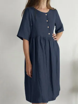Button-Down Cotton Linen Dress with Pockets and Round Neck