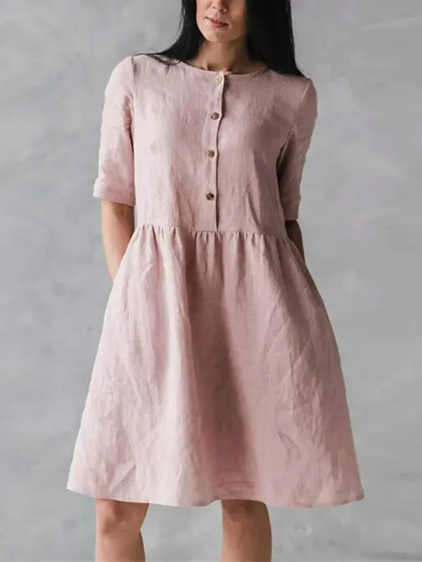 Button-Down Cotton Linen Dress with Pockets and Round Neck