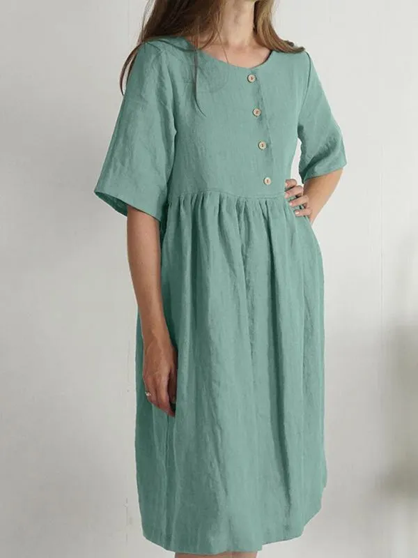 Button-Down Cotton Linen Dress with Pockets and Round Neck