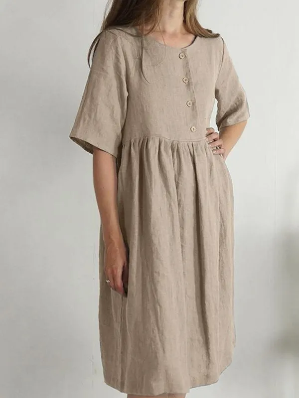 Button-Down Cotton Linen Dress with Pockets and Round Neck