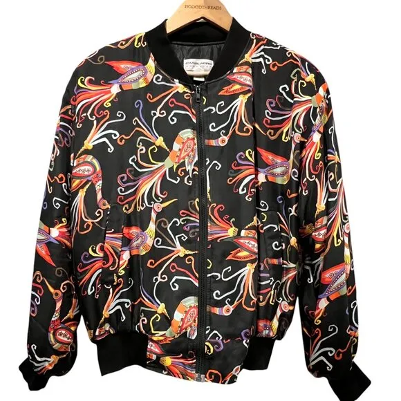 Carol Horn 90s Peacock Silk Bomber Jacket, Washable, Black Multi M