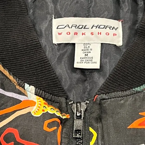 Carol Horn 90s Peacock Silk Bomber Jacket, Washable, Black Multi M