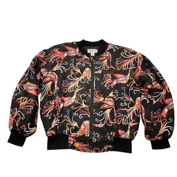 Carol Horn 90s Peacock Silk Bomber Jacket, Washable, Black Multi M