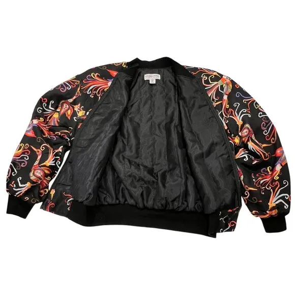 Carol Horn 90s Peacock Silk Bomber Jacket, Washable, Black Multi M