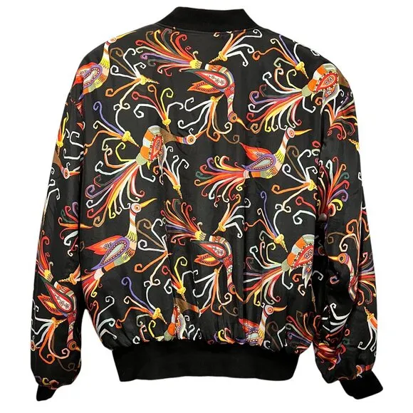 Carol Horn 90s Peacock Silk Bomber Jacket, Washable, Black Multi M