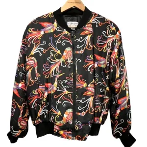 Carol Horn 90s Peacock Silk Bomber Jacket, Washable, Black Multi M