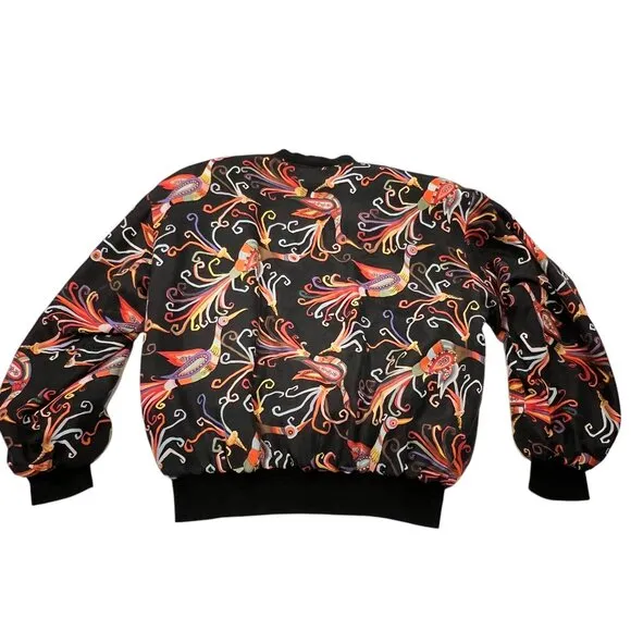 Carol Horn 90s Peacock Silk Bomber Jacket, Washable, Black Multi M