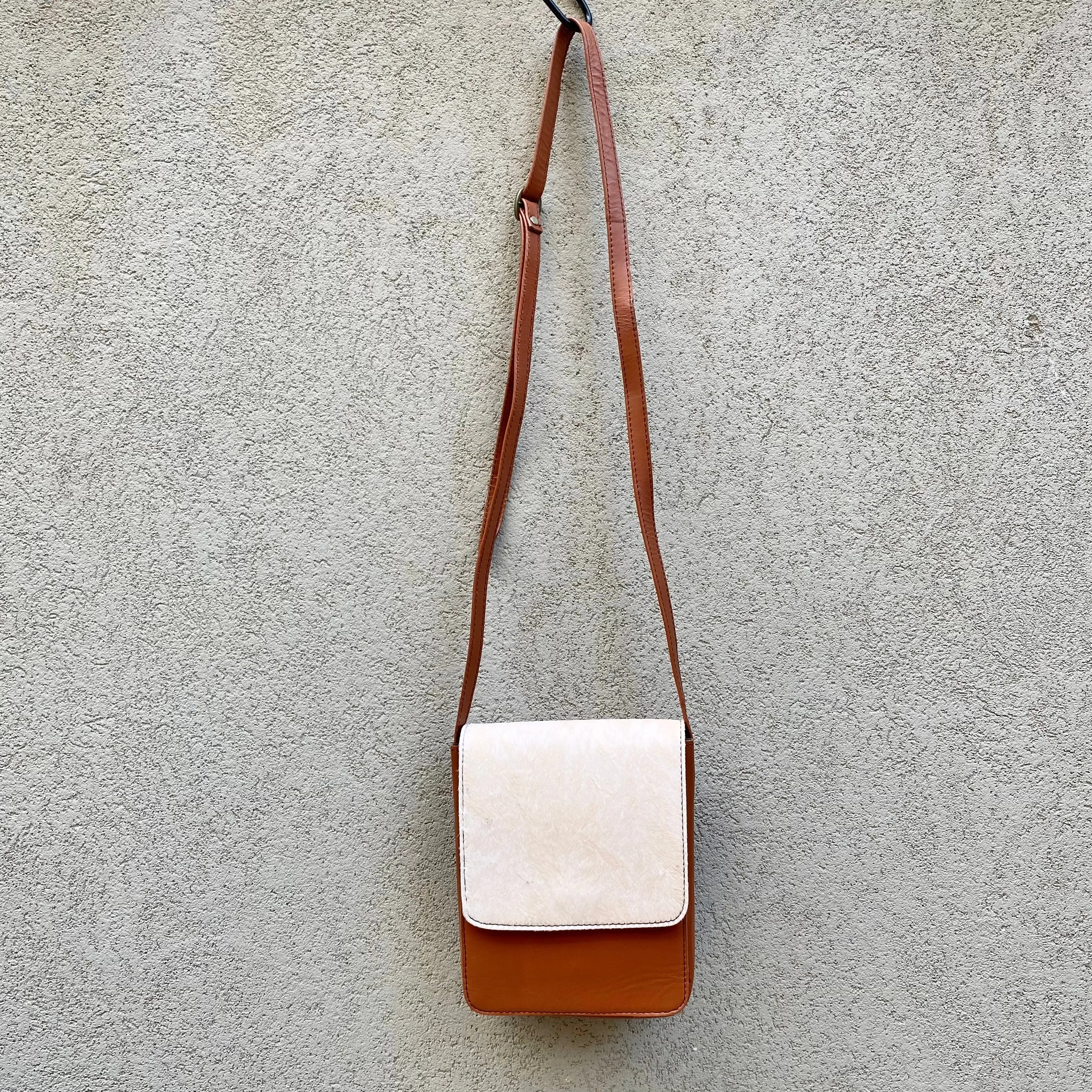 Carolina Cowhide and Leather Crossbody Bag - Cream, Dark Tan