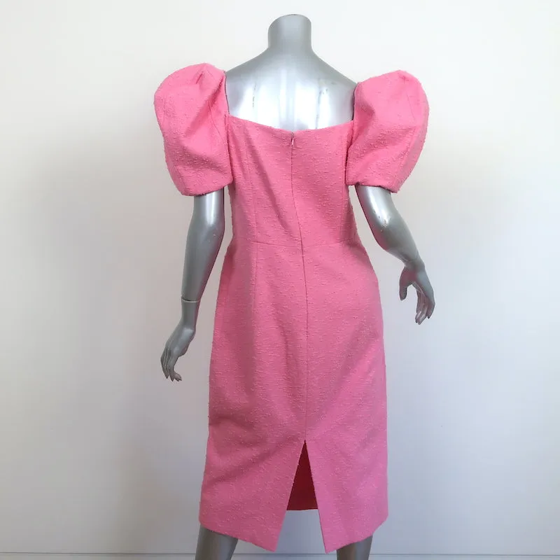 Carolina Herrera Puff Sleeve Midi Dress Pink Cotton-Linen Boucle Size 10
