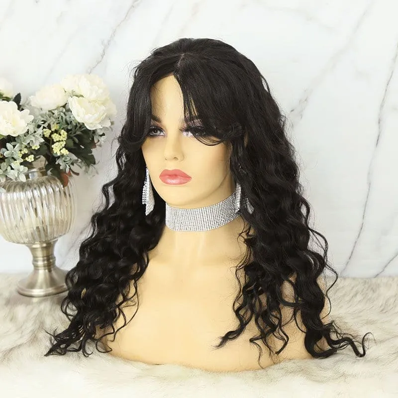 Cathy Bangs Loose Wave Silk Base 4x4 Closure Wigs