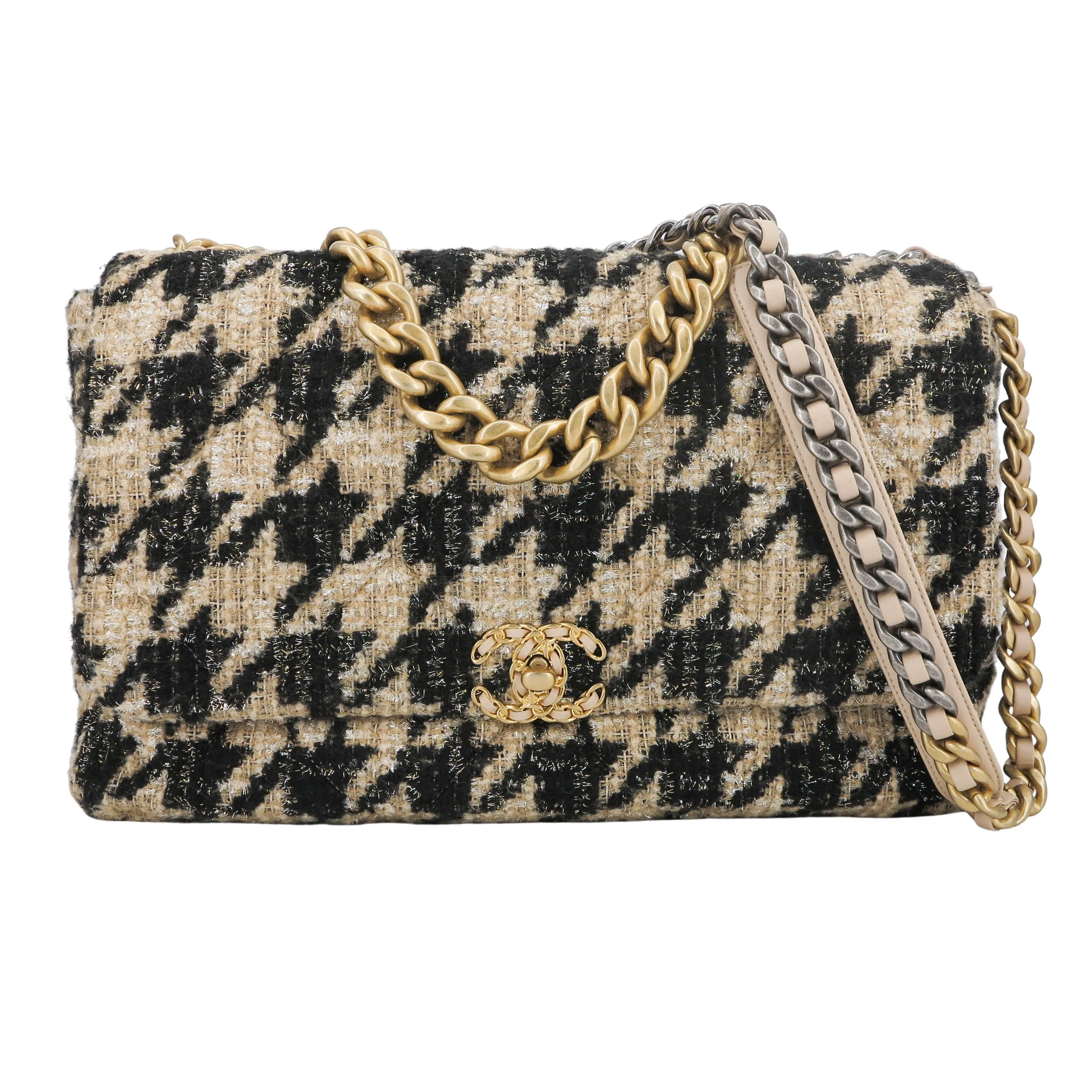 CHANEL 19 Maxi Flap Bag in Beige Black Houndstooth Tweed