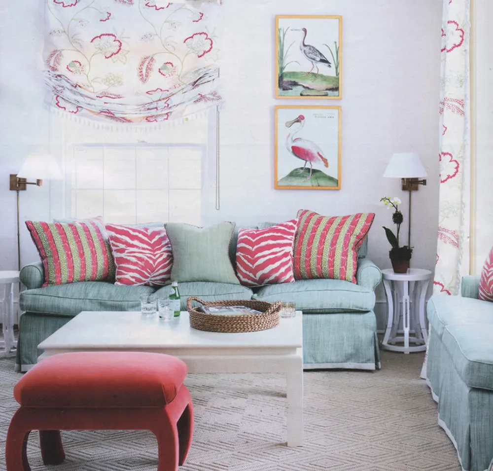 China Seas Fabric: Bijou Stripe - Custom Pink / Green on Tinted Belgian Linen/Cotton