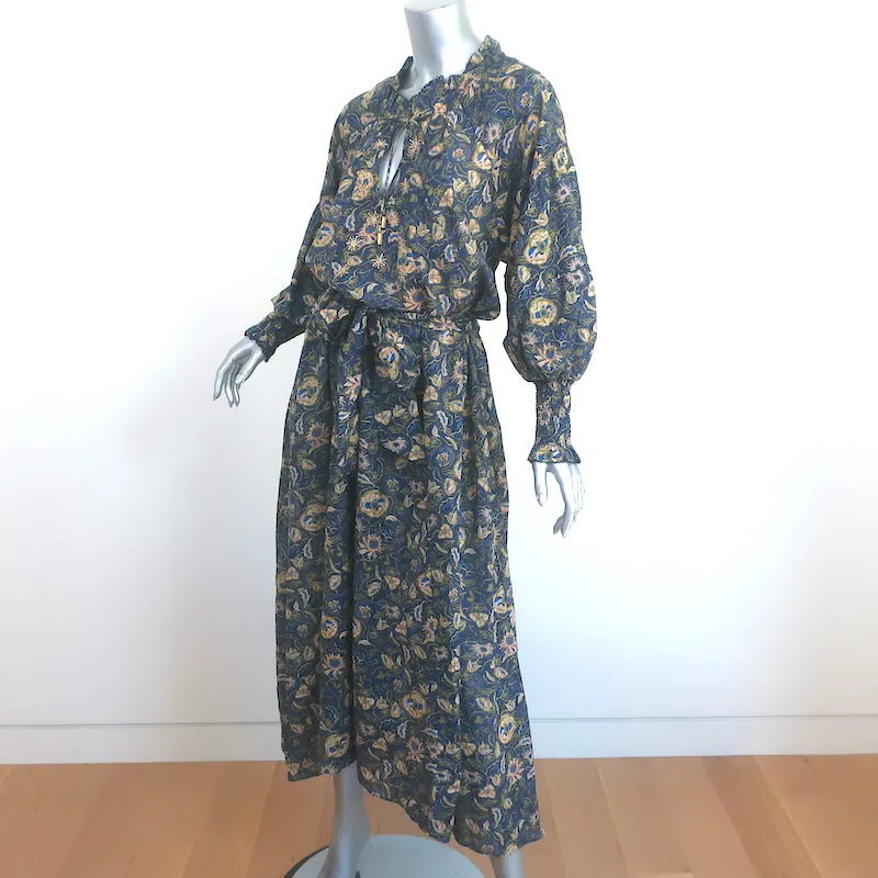 Chufy Long Sleeve Maxi Dress Bellini Navy Floral Print Cotton-Silk Size Medium