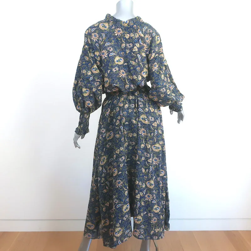 Chufy Long Sleeve Maxi Dress Bellini Navy Floral Print Cotton-Silk Size Medium