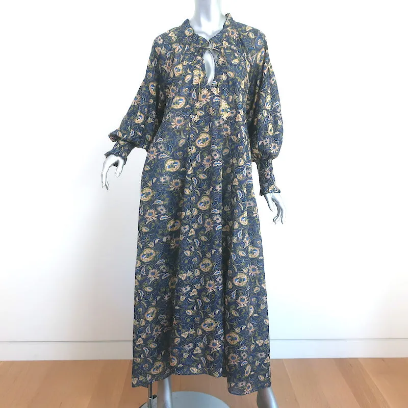 Chufy Long Sleeve Maxi Dress Bellini Navy Floral Print Cotton-Silk Size Medium