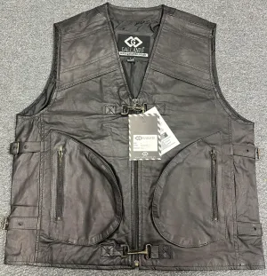 Classic Mens Black Hook Leather Vest Motorcycle Biker Waistcoat Large